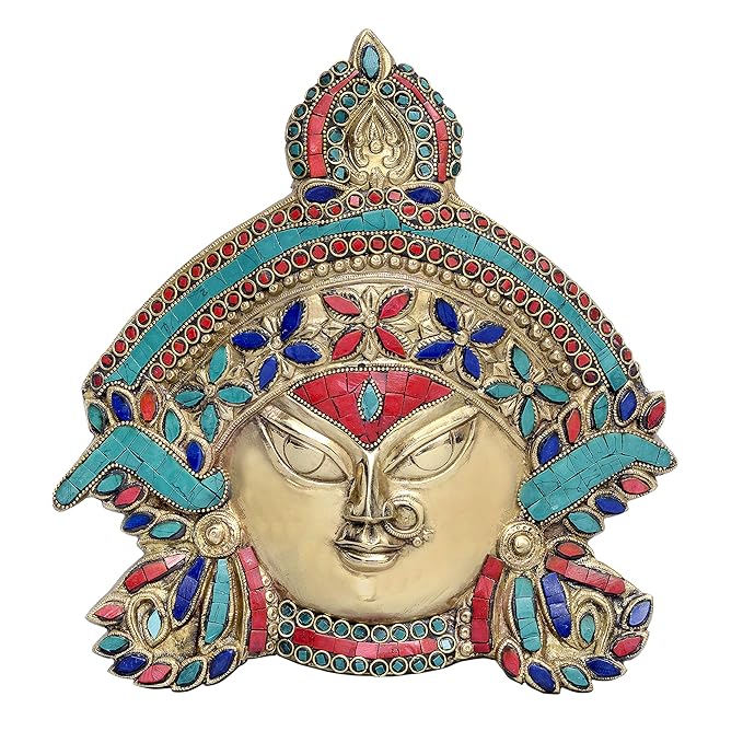 Brass Durga Mask Using Multicolour Stone/Durga Maa Height 29 cm