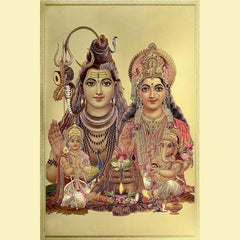 Shiv Parivar idol poster, foil plated, gold frame, 18x12 inch