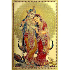 Radha Krishna gold foil poster, Krishna in blue and Radha in red