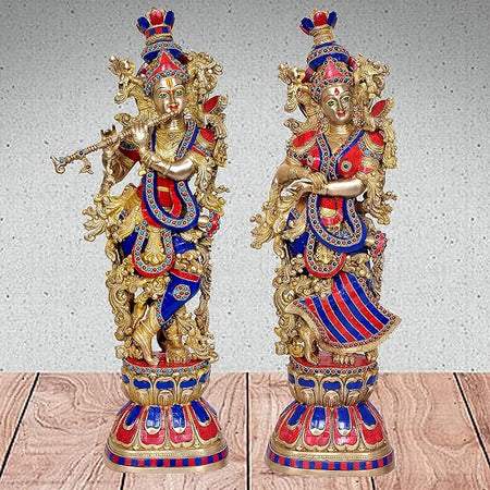 Brass Pair of Radha Krishna Murti (Height: 29 inches)