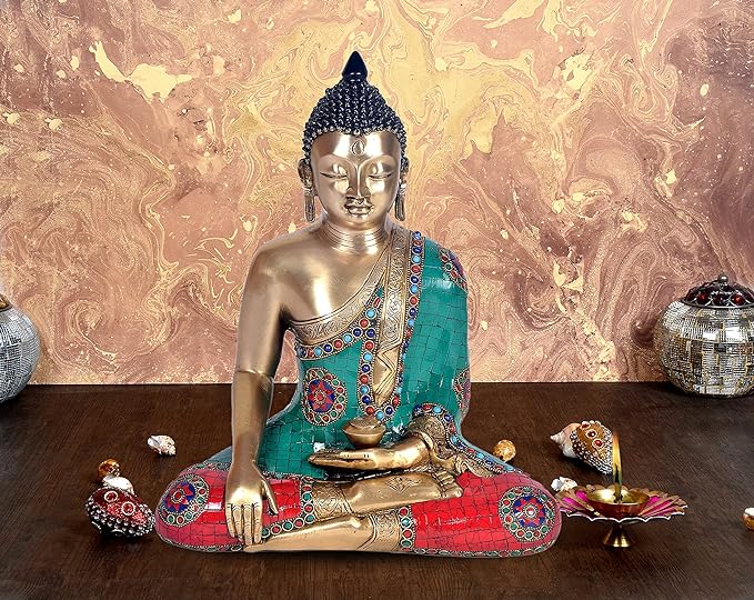Brass Buddha in Bhumisparsha mudra, teal and red mosaic robe, seated, 15 in