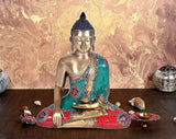 Brass Buddha in Bhumisparsha mudra, teal and red mosaic robe, seated, 15 in