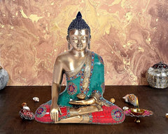 Brass Buddha in Bhumisparsha mudra, teal and red mosaic robe, seated, 15 in