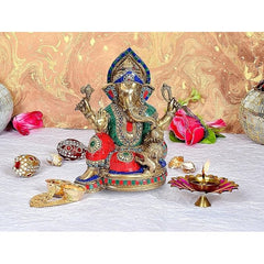 Brass Lord Ganesha idol with multicolour jeweled clothing, seated, raised hands