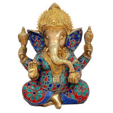 Brass Ganesha idol with jeweled blue, red robe and raised hands