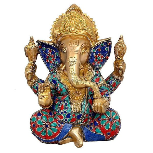 Brass Ganesha Idol Figurine with Stone Work (Height 9 Inches)