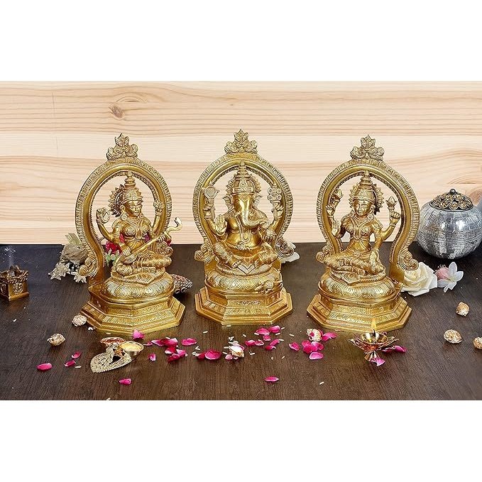 Brass Lakshmi, Ganesha & Saraswati statue set of 3, seated figures, 12-inch height