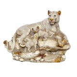 Polyresin Lion Family showpiece: lioness with cubs, sand-gray & gold detail