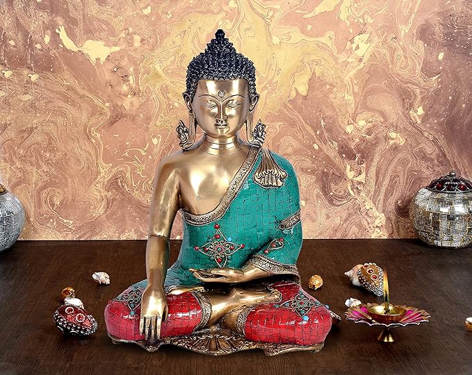 Brass God Idol Gautam Buddha Brass Statue Sitting Position Draped in Shawl H - 16.5inch Weight: 8.670 Kg,Multicolour