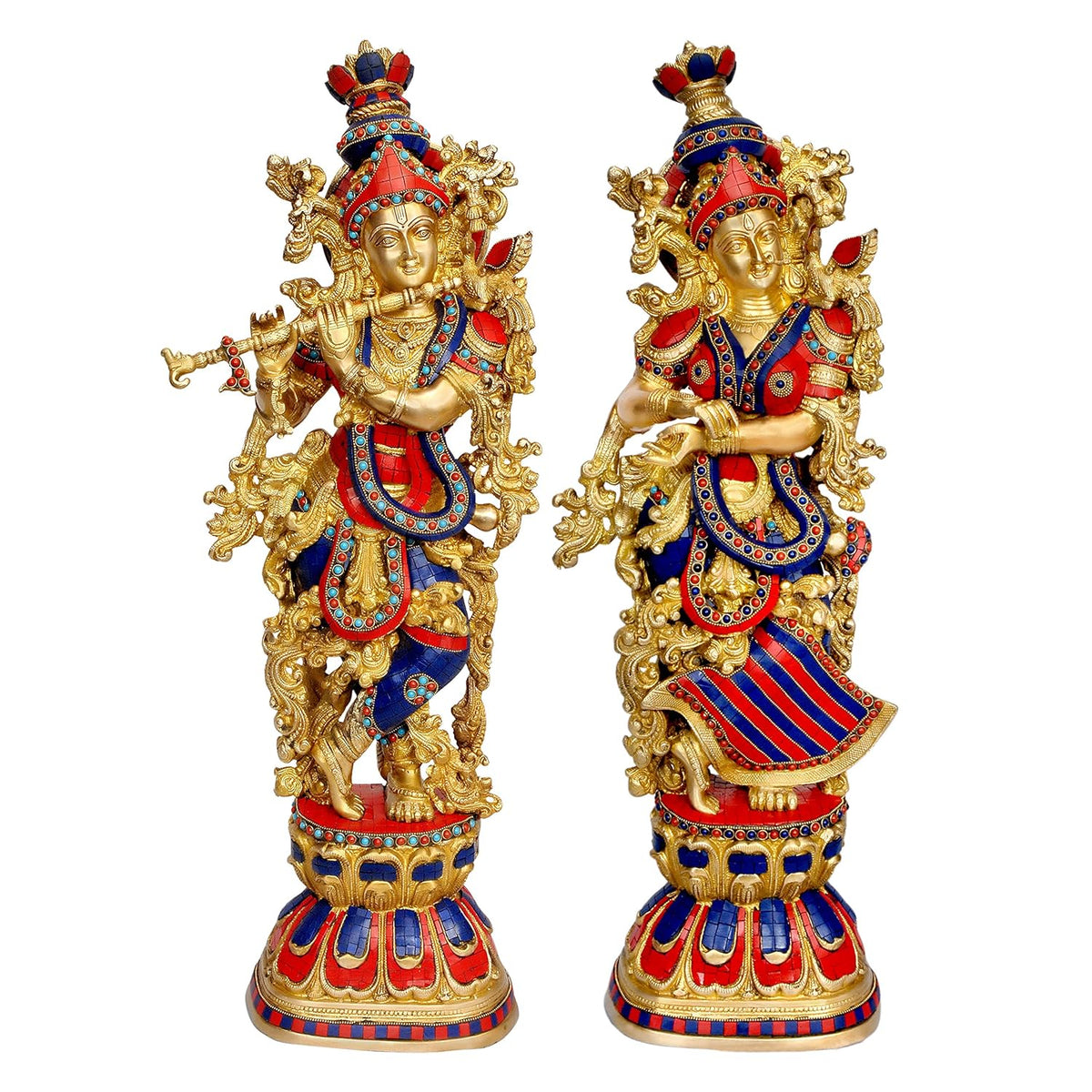 Brass Radha-Krishna-Statue mit Stein-Akzenten, 29 Zoll, goldene Details und bunte Bemalung