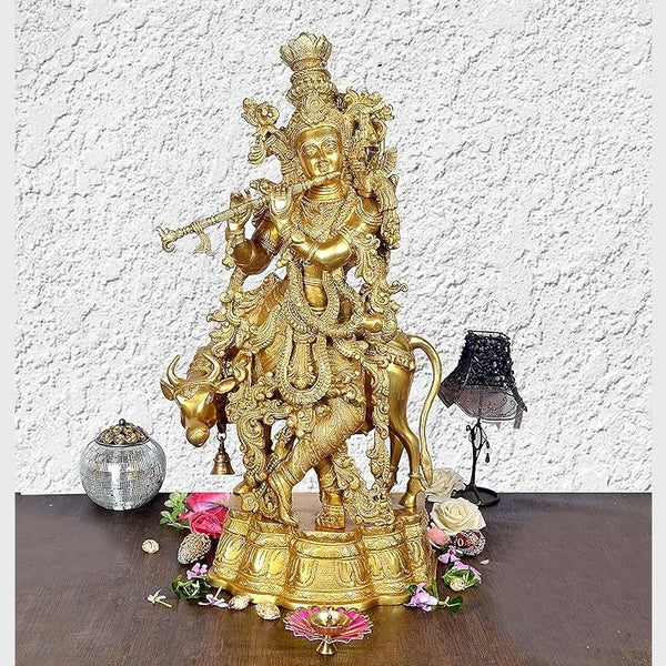 Brass Large Standing Krishna Statue with Cow Idol Krishna Statue with Flute Height 28 Inch