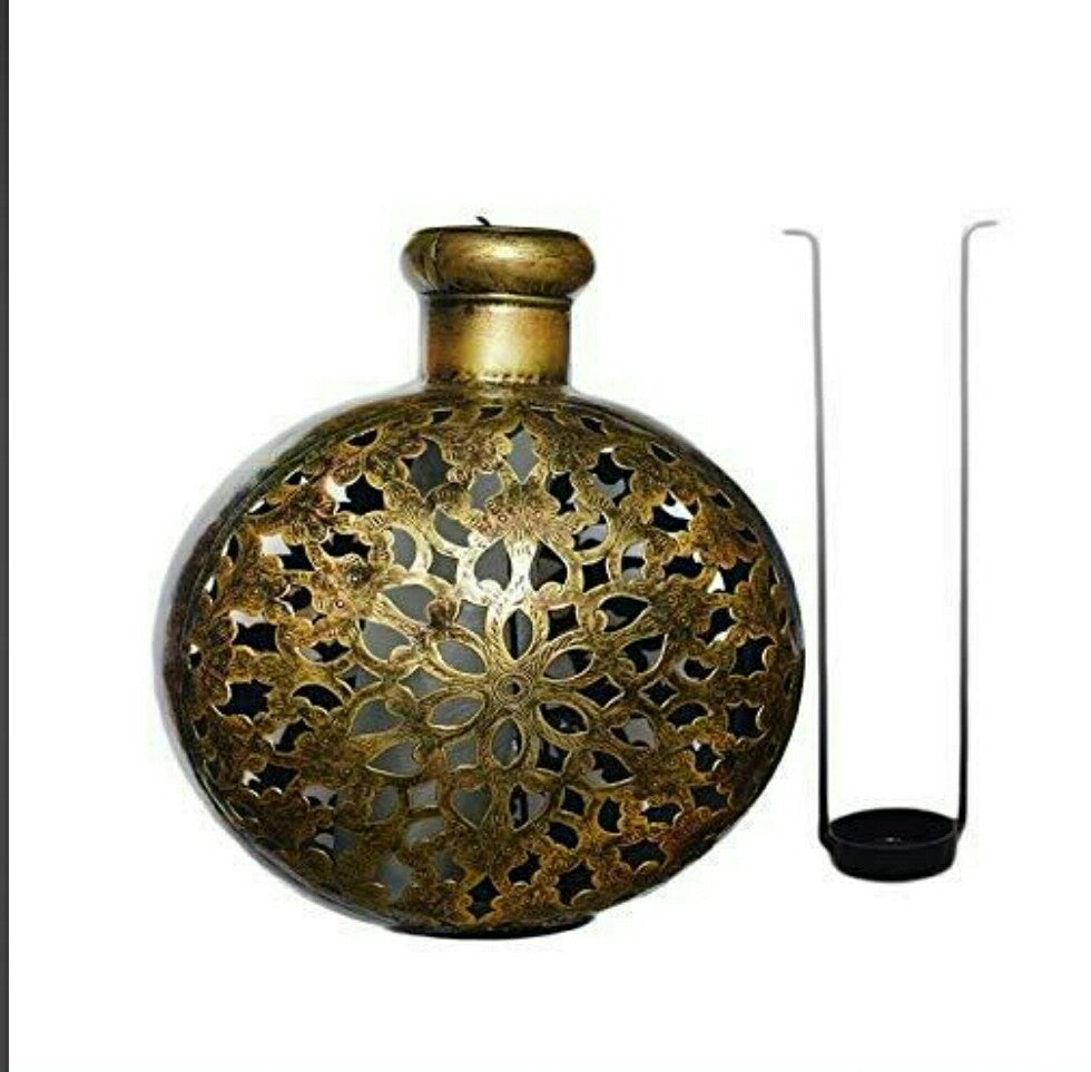 Decorative bronze iron pot with ornate floral cutout pattern and narrow neck