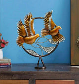 Iron flying bird pair showpiece with two arched birds on metal circle stand
