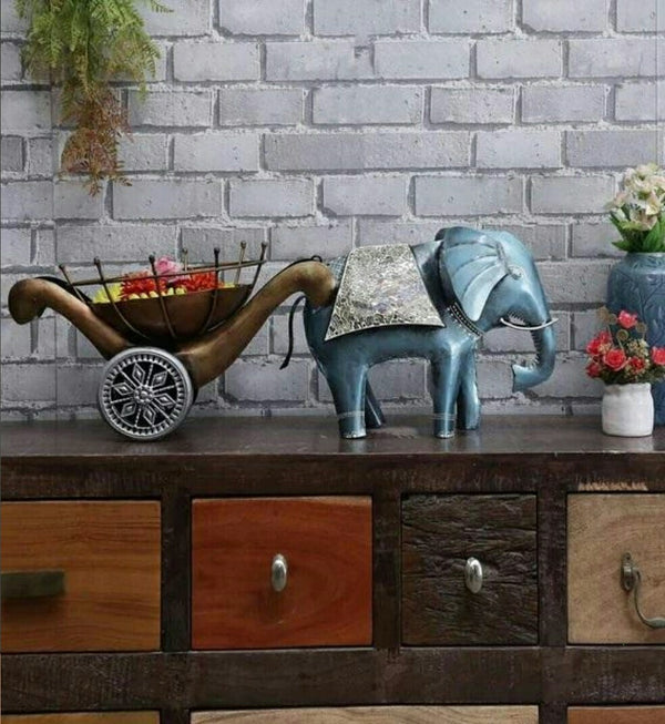 Iron Elephant with Cart Table topper Decorative Showpiece (Height 13 Inches)