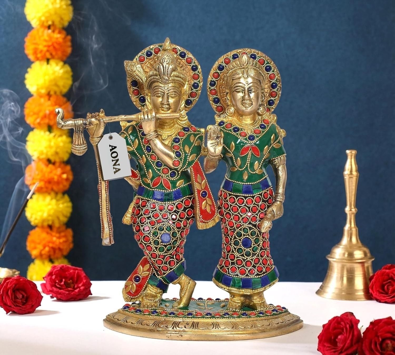AONA Brass Standing Radha Krishna Idol with Peacock Design – Krishna Playing Flute Decorative Showpiece for Home Décor, Mandir, Office & Temple Use 