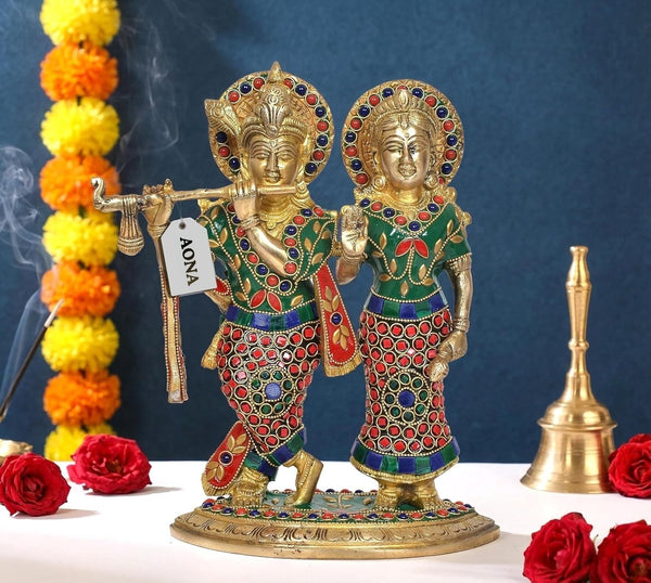 Brass Standing Radha Krishna Idol with Peacock Design – Krishna Playing Flute Decorative Showpiece for Home Décor, Mandir, Office & Temple Use (Height :10 Inches)