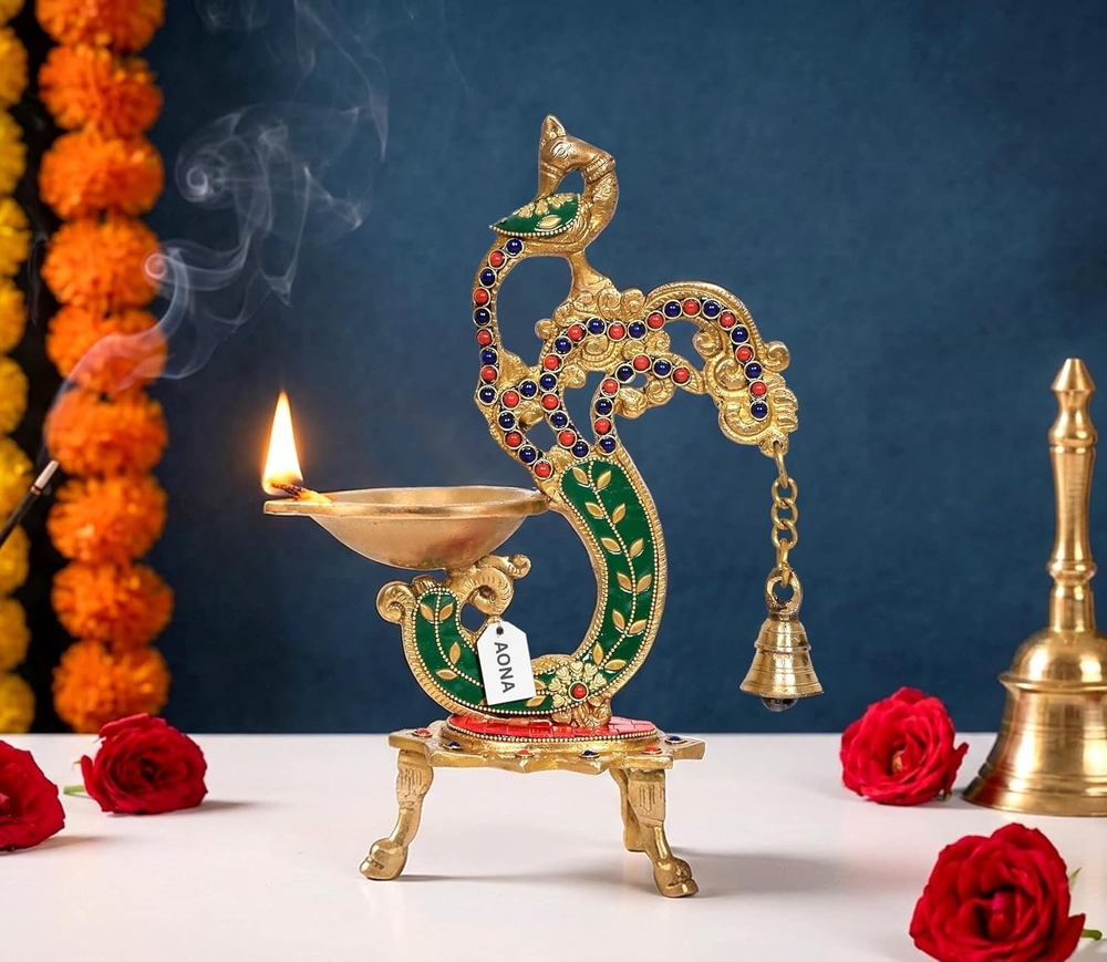 Brass Peacock Oil Lamp (Diya) – Elegant Peacock Statue Showpiece for Home, Temple & Mandir Décor (Height :11.5 Inches)