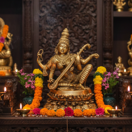 Handmade Goddess Saraswati Brass Idol (Height: 17 inches)