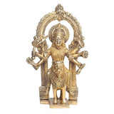 Brass Harsiddhi Maa idol with arched halo, four arms, lion figure base, front view