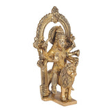 Brass Harsiddhi Maa idol in side view, arched halo, four arms, lion on base