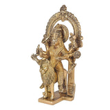 Brass Harsiddhi Maa idol holding objects, arched back, lion beside feet on base