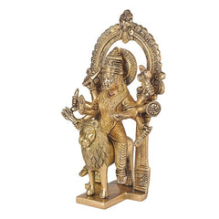 Brass Harsiddhi Maa idol holding objects, arched back, lion beside feet on base