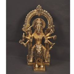 Brass Harsiddhi Maa idol with arch, four arms, and lion base pedestal