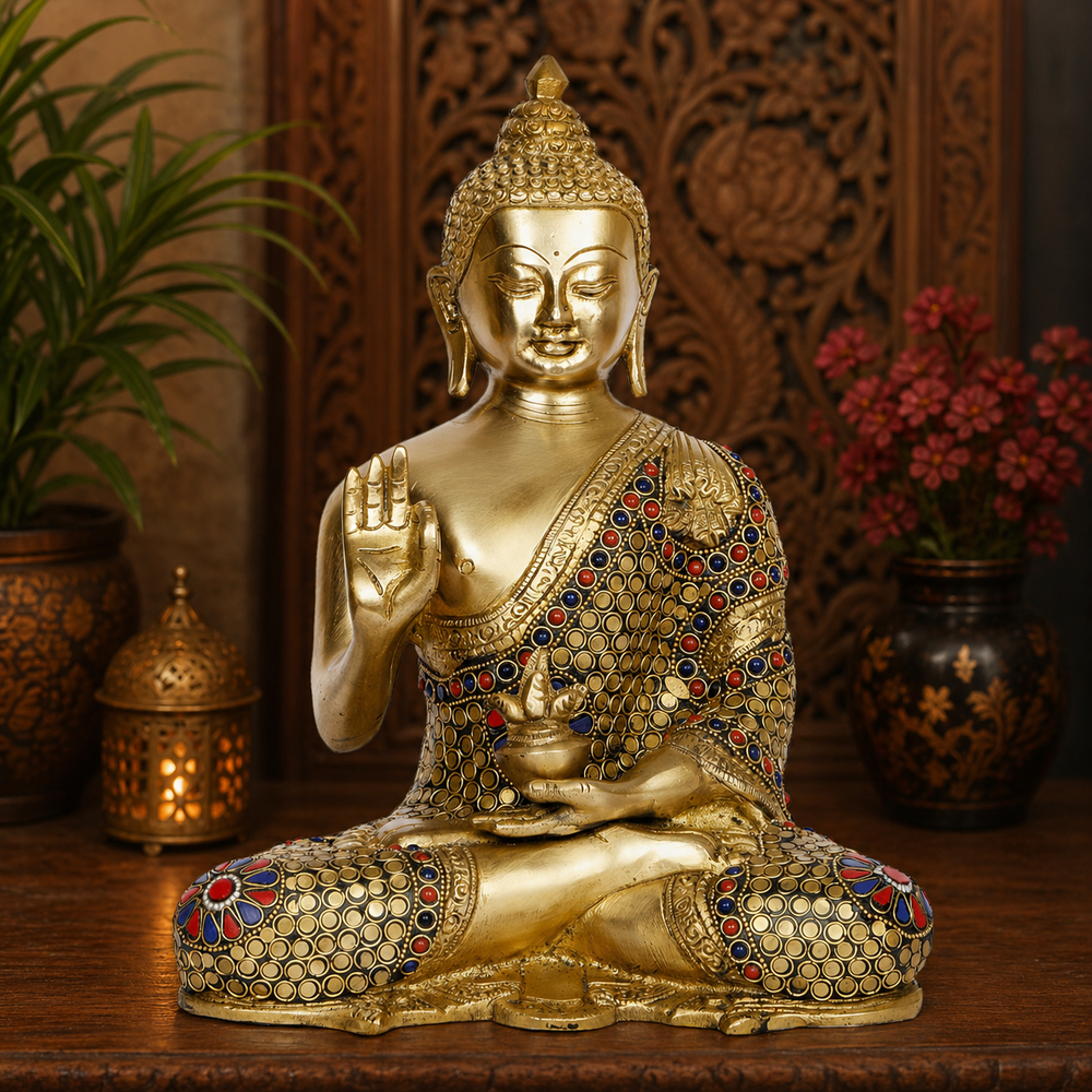 Brass Blessing Buddha Statue with Inlay Design and Sacred Kalash – Spiritual Home Décor & Gift Item (Height:10 Inches)