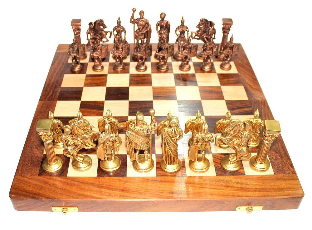 Wooden Chess Board with Brass Roman Piece - (Size 16"x16")