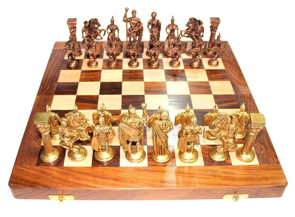 Wooden Chess Board with Brass Roman Piece - (Size 16"x16")