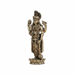 Brass standing deity idol, front view with garlands, crown, and raised arms