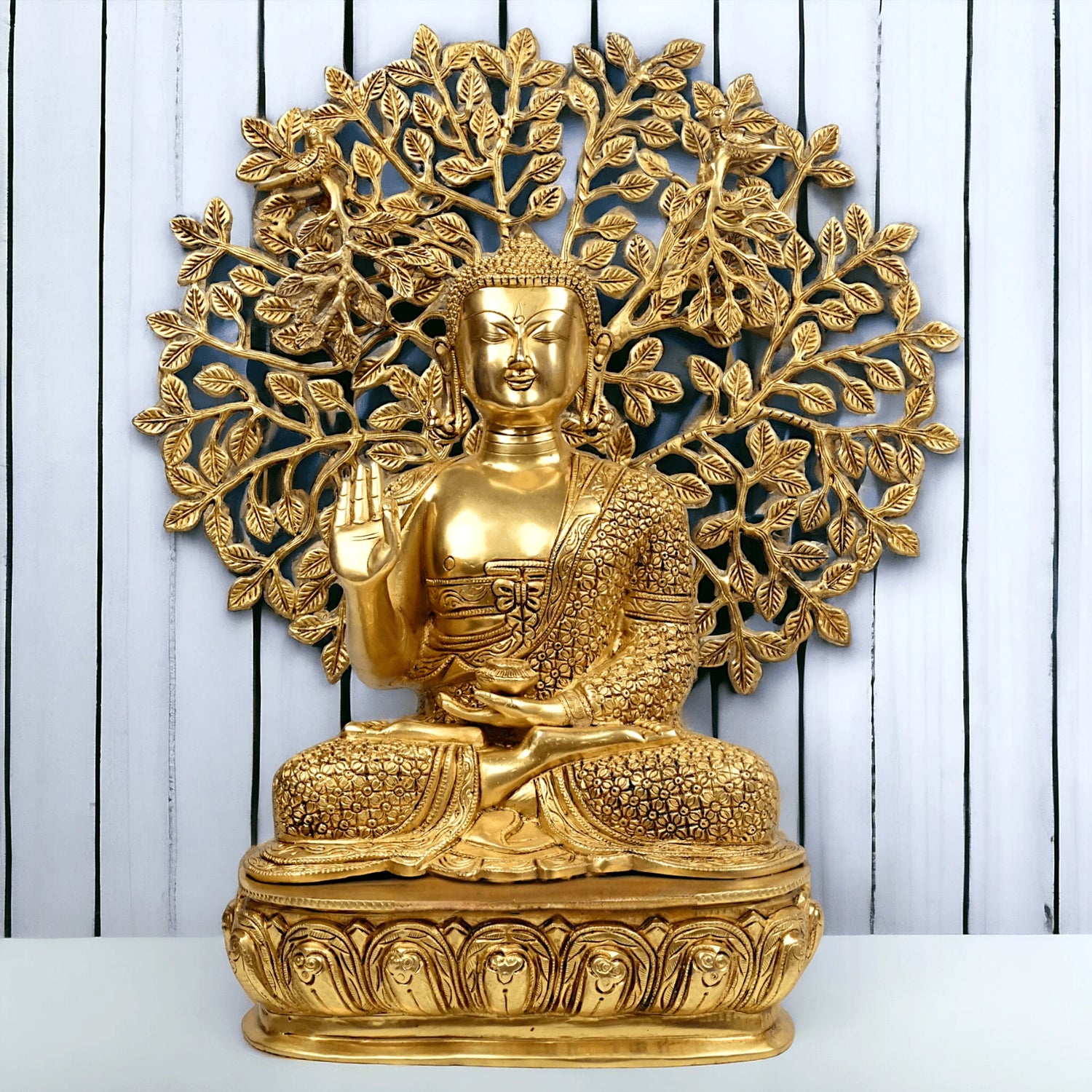 Brass Buddha with Intricately Detailed Tree idol (Height : 26 inches)