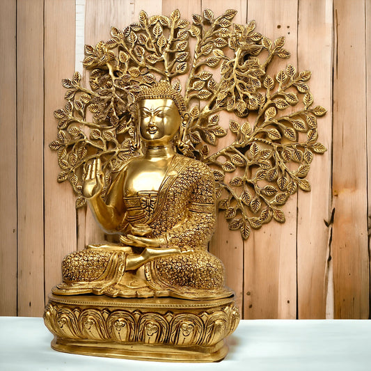 Brass Buddha with Intricately Detailed Tree idol (Height : 26 inches)