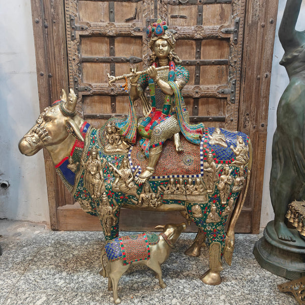 43-Inch Large Brass Govinda Idol Seated on Holy Cow with Calf - Puja/Temple Decor Stone Work Murti Study Setting