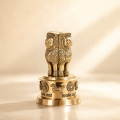 Brass Ashoka Pillar showpiece with four lions and an engraved circular base