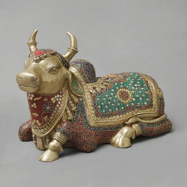 Brass Divine Nandi Seated Sculpture (Height: 10 Inches) Study Setting
