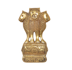 Gold-toned brass Ashoka Stambh wall hanging featuring lion and wheel emblem