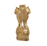 Brass Ashoka Stambh wall hanging with lion figure and wheel motif, angled view