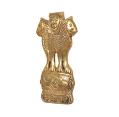 Brass Ashoka Stambh wall hanging with lion figure and wheel motif, angled view