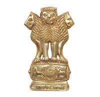 Brass Ashoka Stambh wall hanging, lion-faced idol with wheel emblem on front