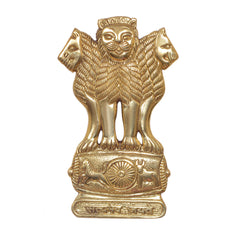 Brass Ashoka Stambh wall hanging, lion-faced idol with wheel emblem on front