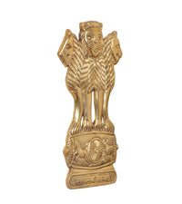 Brass Ashoka Stambh wall hanging, lion-faced idol in profile with wheel and base