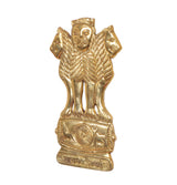 Brass Ashoka Stambh wall hanging, lion figure torso and wheel emblem in view