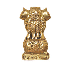 Gold-toned Ashoka stambh wall hanging with smiling face, lion arms, and wheel panel