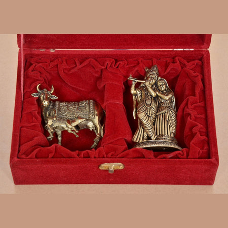 Superfine Brass Radha Krishna and Cow Calf with Gift Red Velvet Box