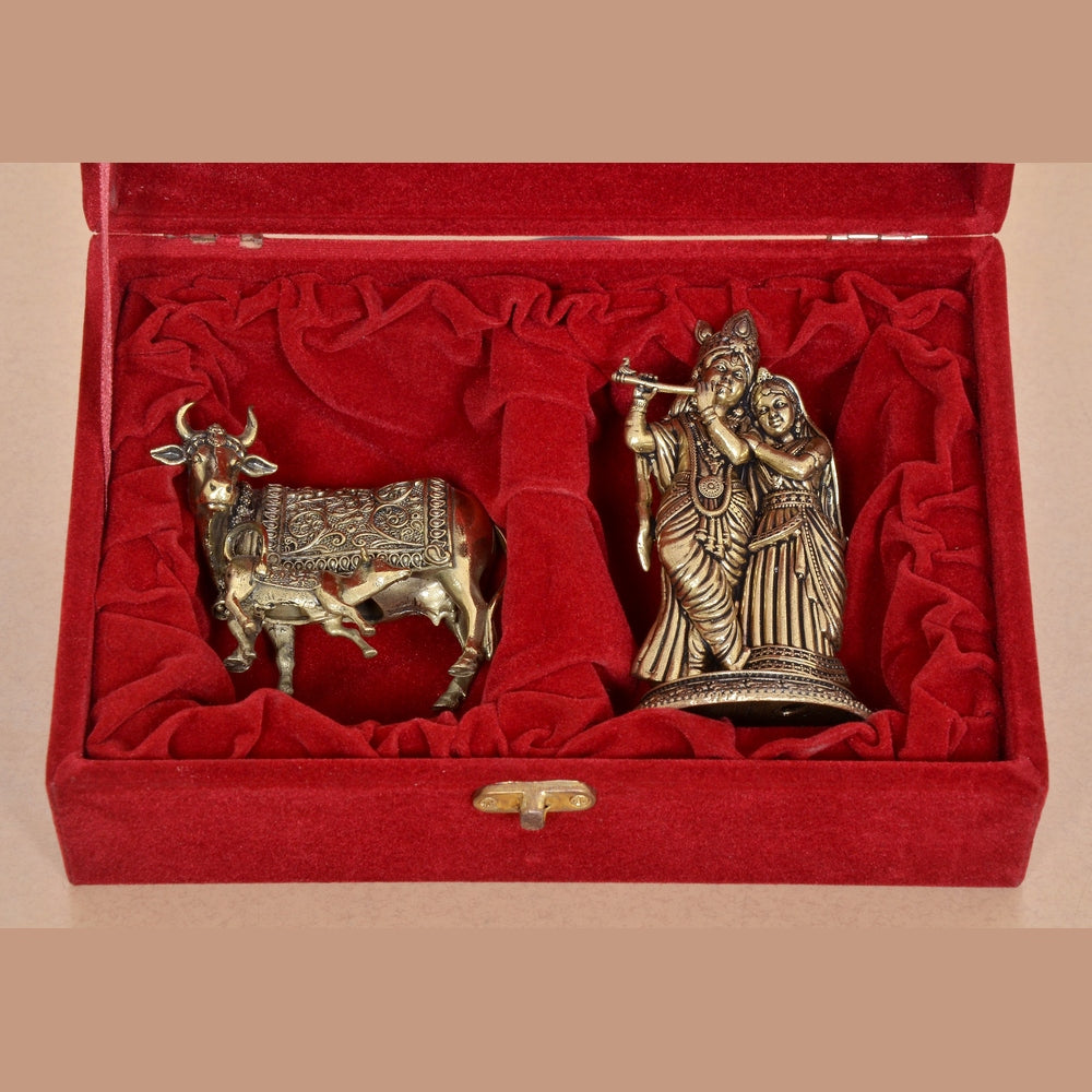 Superfine Brass Radha Krishna Murti and Cow Calf Statue with Gift Red Velvet Box return wedding gift box, Anniversary Gift 
