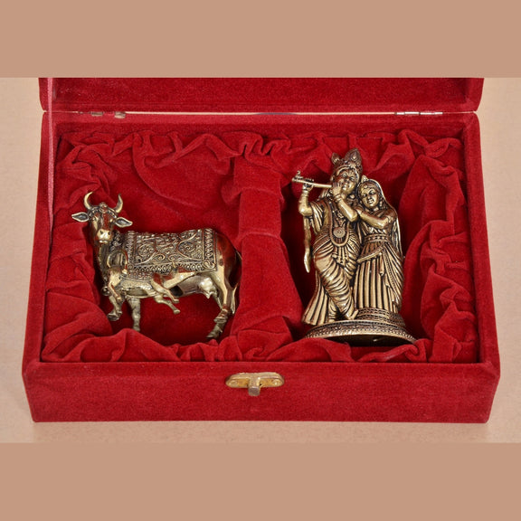 Superfine Brass Radha Krishna Murti and Cow Calf Statue with Gift Red Velvet Box return wedding gift box, Anniversary Gift 