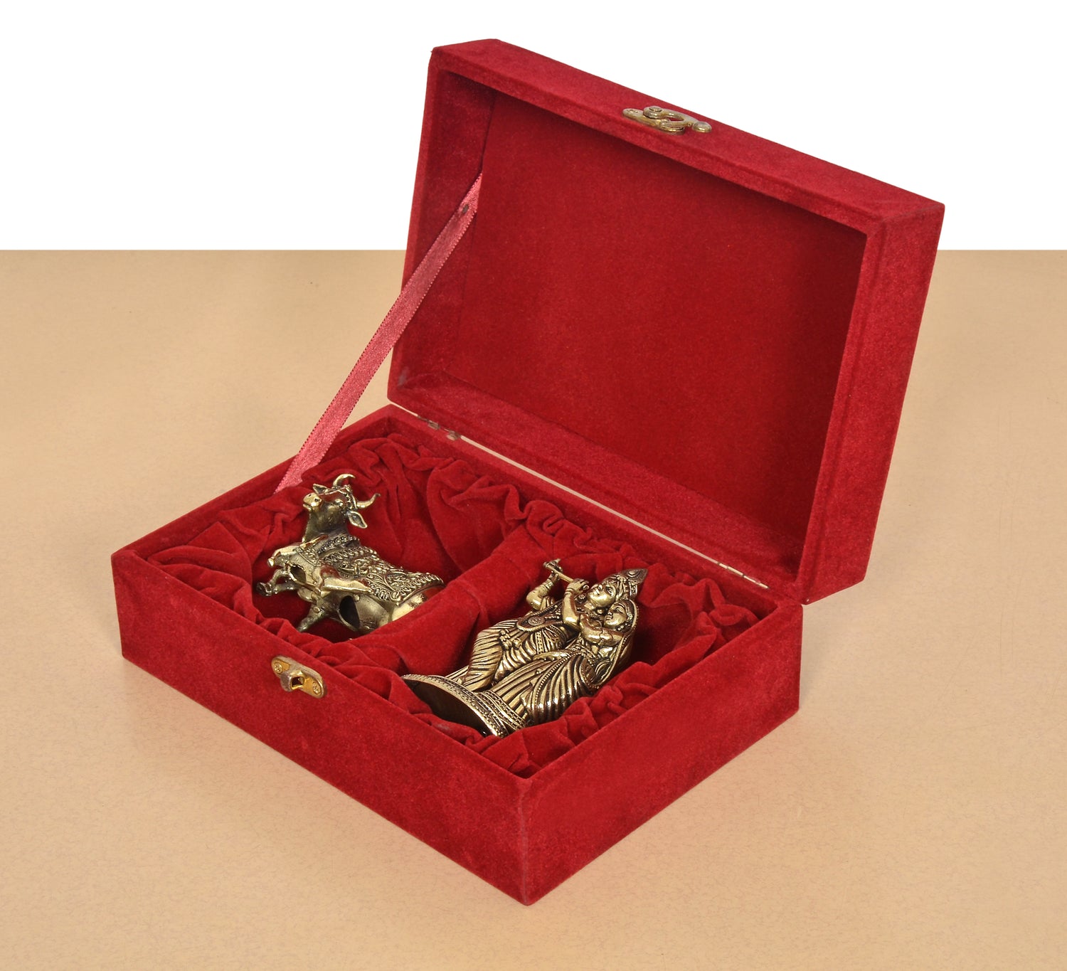 Superfine Brass Radha Krishna Murti and Cow Calf Statue with Gift Red Velvet Box return wedding gift box, Anniversary Gift 