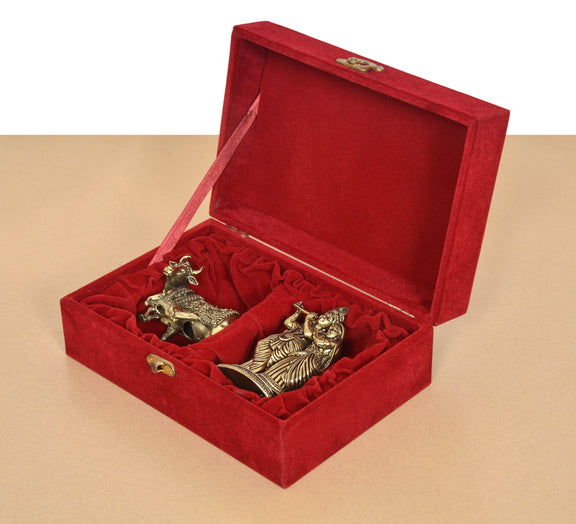 Superfine Brass Radha Krishna Murti and Cow Calf Statue with Gift Red Velvet Box return wedding gift box, Anniversary Gift 