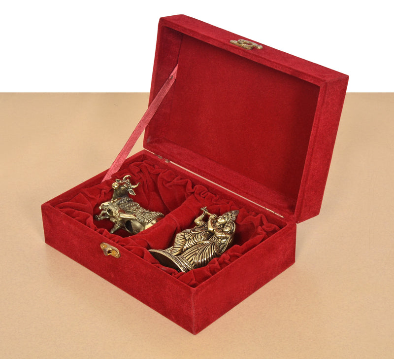Superfine Brass Radha Krishna Murti and Cow Calf Statue with Gift Red Velvet Box return wedding gift box, Anniversary Gift 